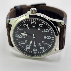 Men 42MM Field Watch‎ Large Gray Case Black Dial Brown Black Canvas Band Straps